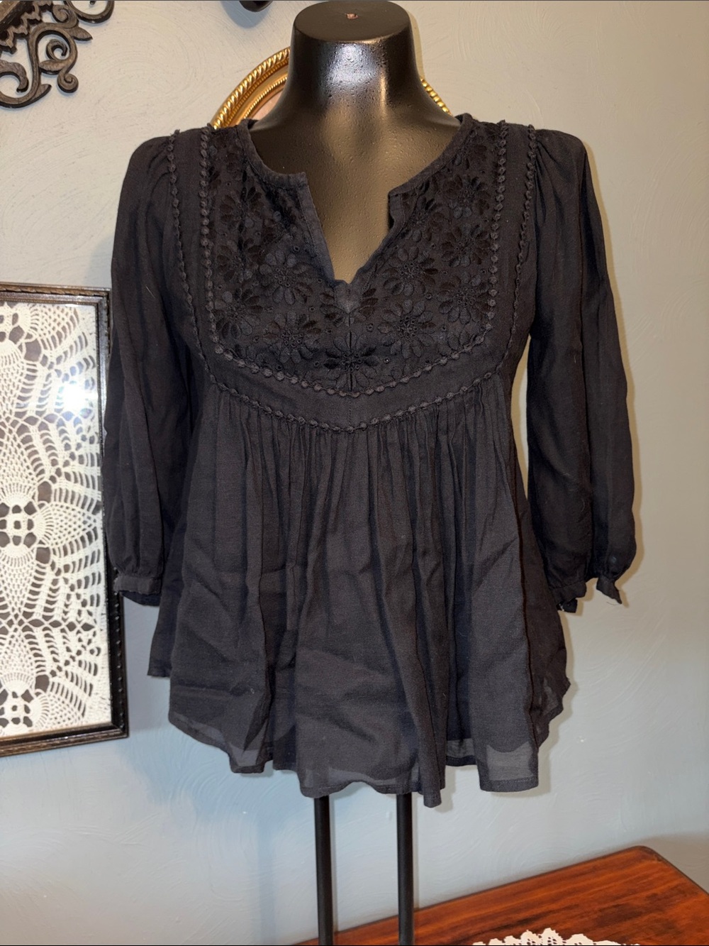 Black Embroidered V-Neck Peasant Tunic Top